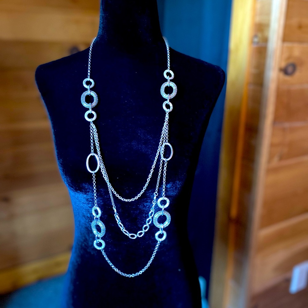 Silver long layered necklace